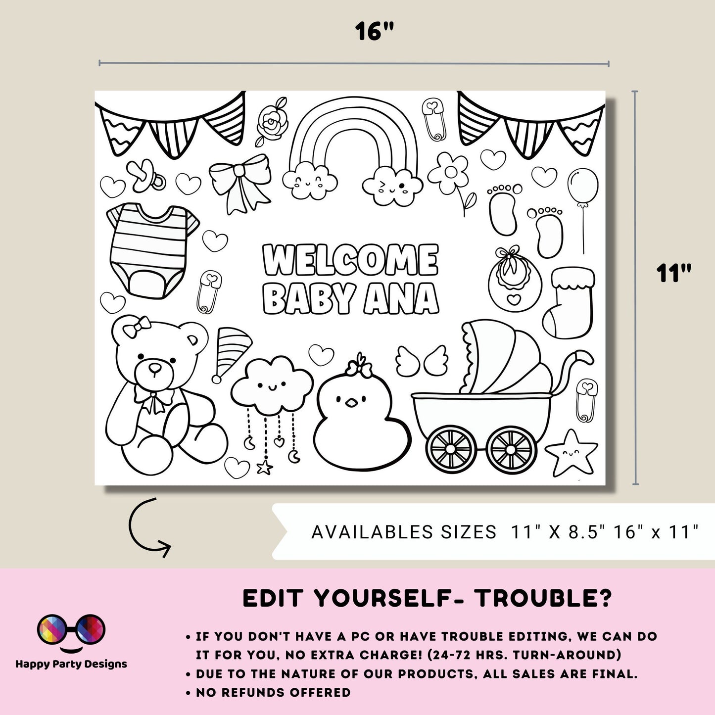 Editable baby shower coloring page | Placemat coloring page | Any Age | Baby shower | Baby shower activity | party placemat | Baby girl