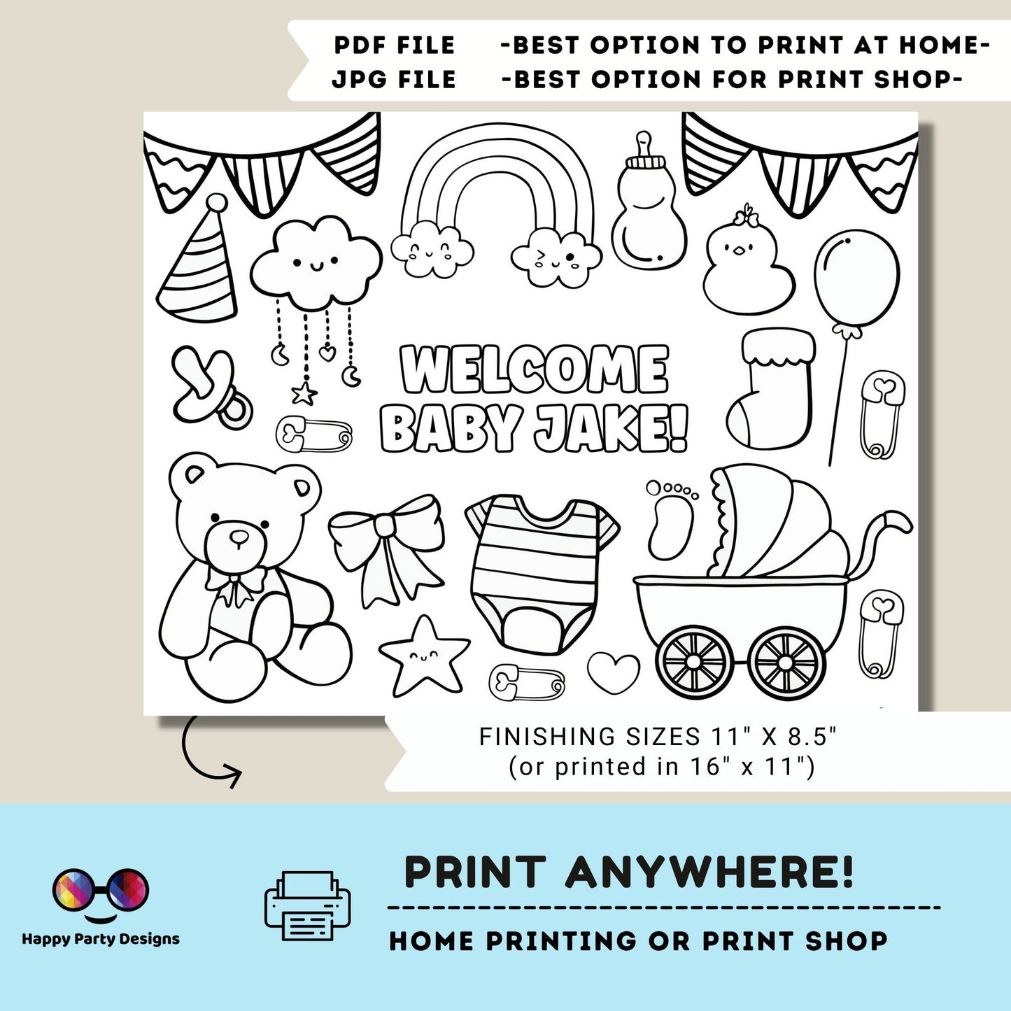 Editable baby shower coloring page | Placemat coloring page | Any Age | Baby shower | Baby shower activity | party placemat | Baby boy