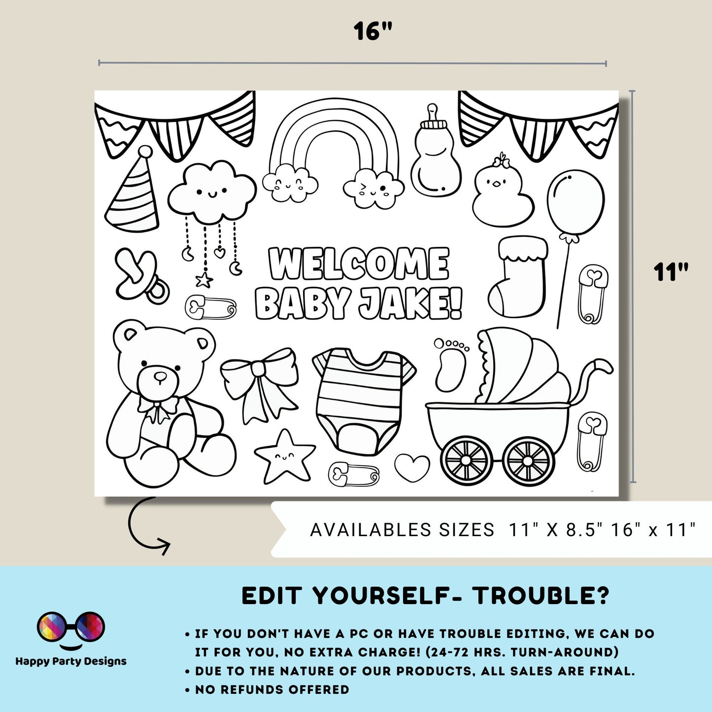Editable baby shower coloring page | Placemat coloring page | Any Age | Baby shower | Baby shower activity | party placemat | Baby boy