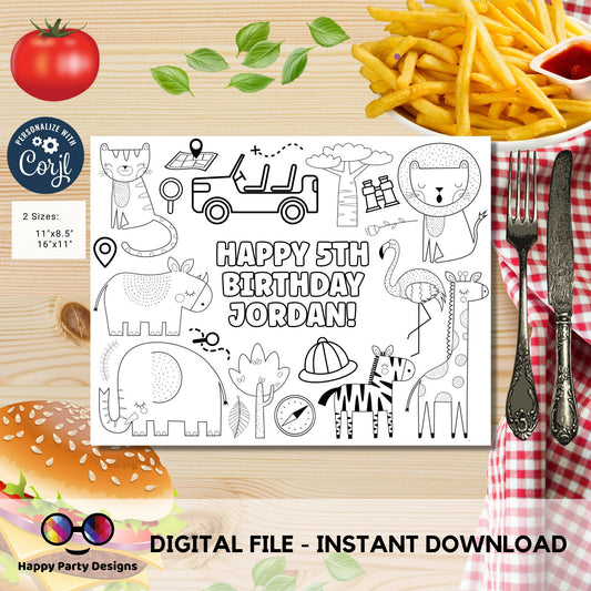 Editable Safari coloring page | First birthday | Any Age | Safari Animals Birthday Party | One Birthday Zoo Jungle Party Instant Download