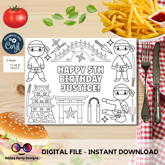 Editable Ninja boy Birthday coloring Page | Ninja Party | Ninja coloring page | Ninja coloring placemat Edit Online #K251