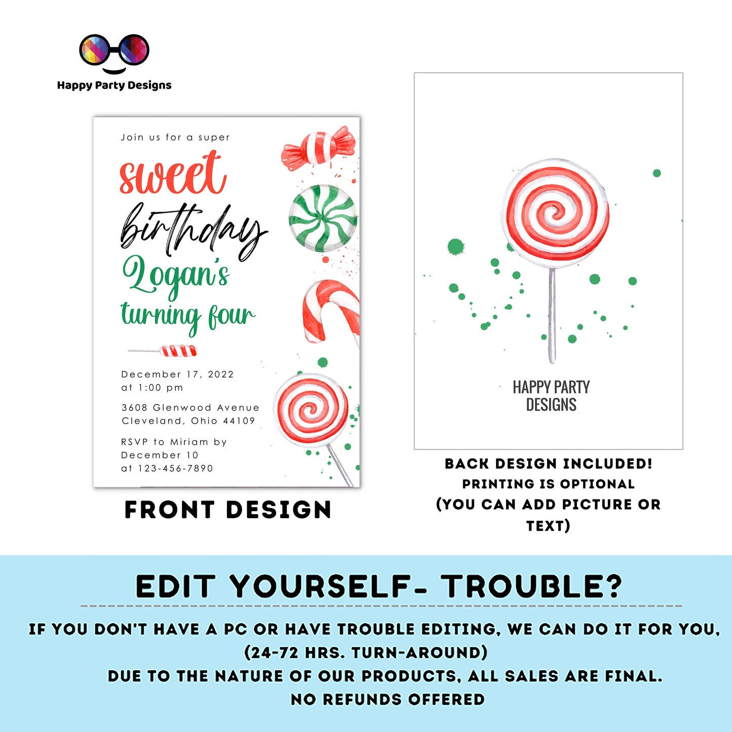 Sweet Christmas Birthday party Invitation | Christmas Birthday printable invite | Holiday Birthday Party Invitation #K266