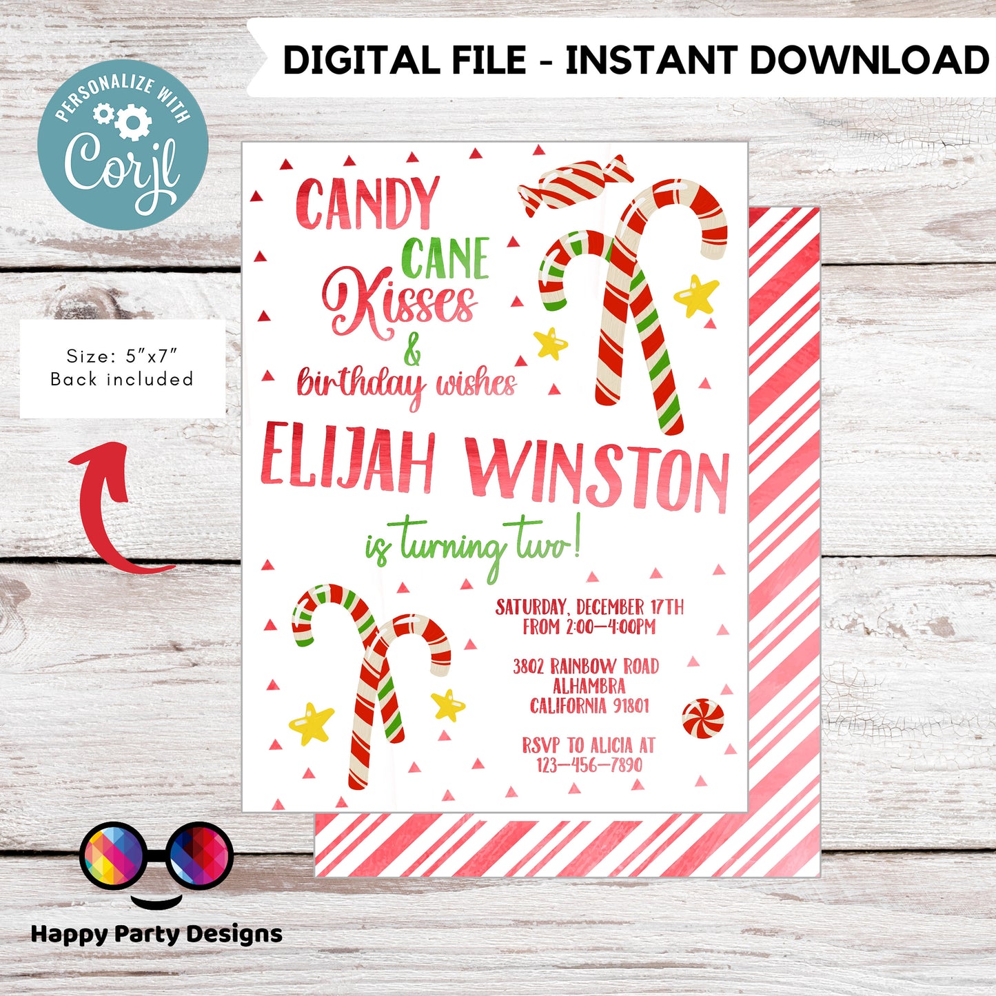Candy Cane Christmas Birthday party Invitation | Christmas Birthday printable invite | Holiday Birthday Party Invitation | Sweets #K267