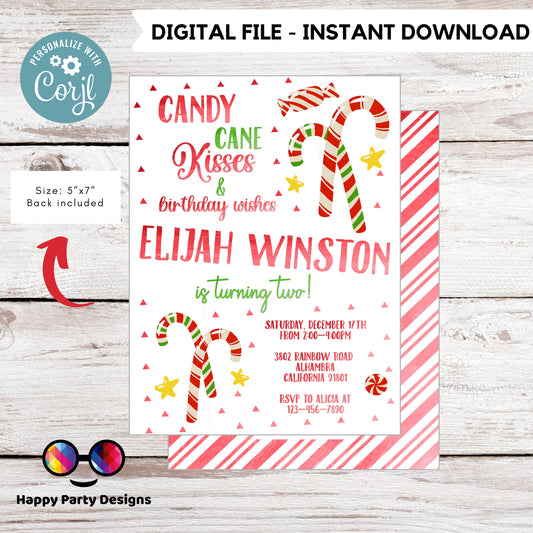 Candy Cane Christmas Birthday party Invitation | Christmas Birthday printable invite | Holiday Birthday Party Invitation | Sweets #K267