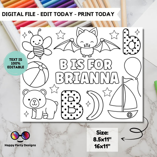 Editable name coloring page | B is for | personalized name alphabet placemat | Teacher material | Printable Preschool #SCH3