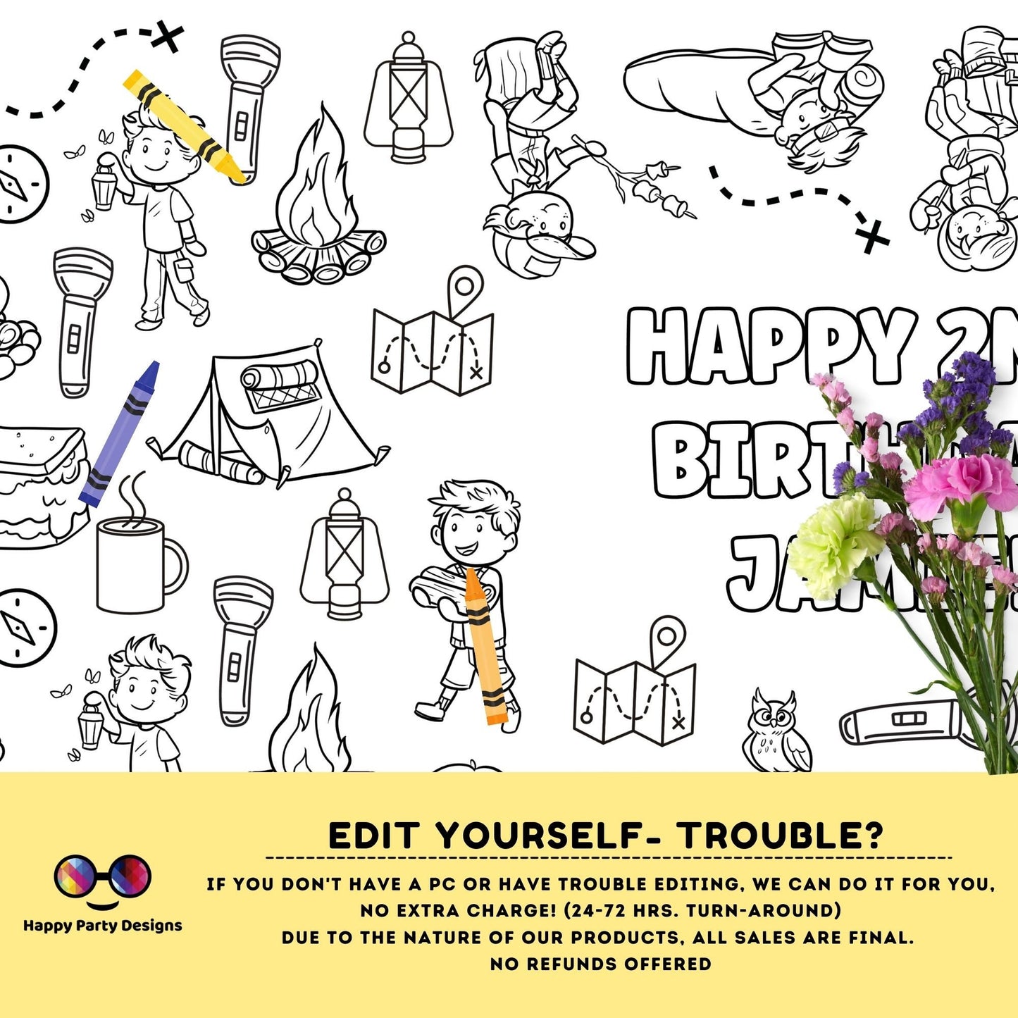 Camping XL Coloring table runner |  Editable Camping Birthday coloring page | Camping birthday Happy Camper Party Activity | bag filler #K95