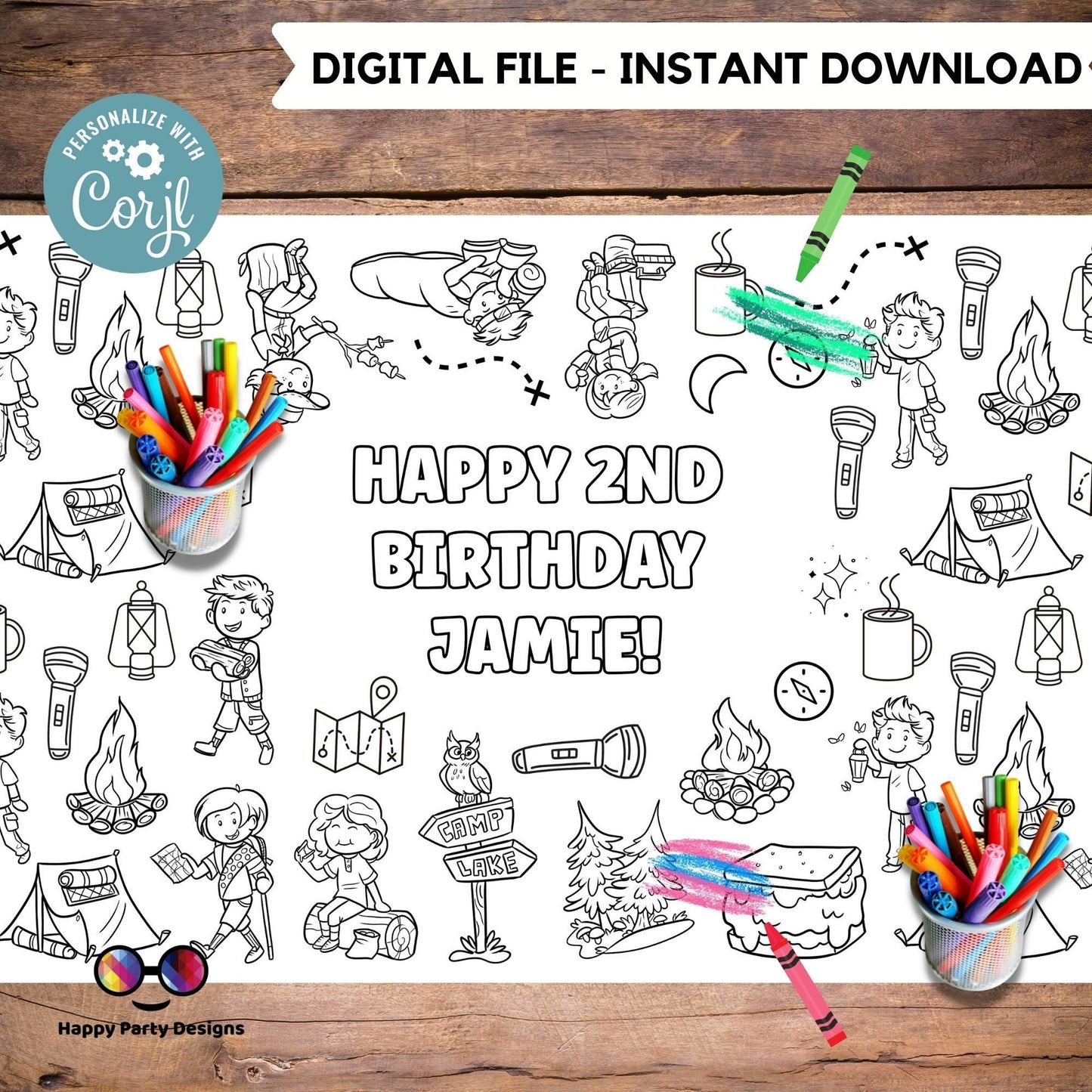 Camping XL Coloring table runner |  Editable Camping Birthday coloring page | Camping birthday Happy Camper Party Activity | bag filler #K95