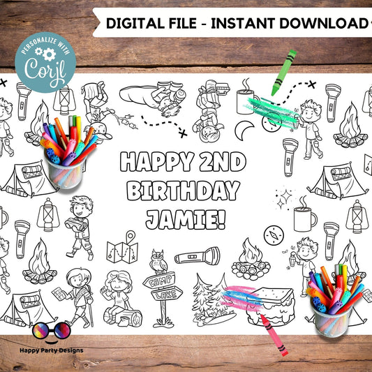 Camping XL Coloring table runner |  Editable Camping Birthday coloring page | Camping birthday Happy Camper Party Activity | bag filler #K95