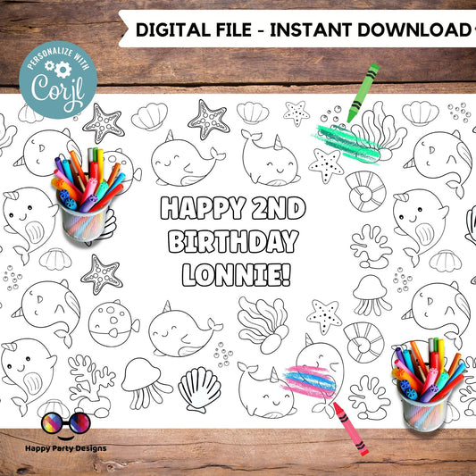Narwhal coloring XL Table Runner | Editable narwhal Birthday coloring page | Placemat coloring page | Sea Unicorn birthday Activity #K158