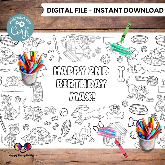 Puppy XL Coloring Table Runner | Editable Puppy Birthday coloring page | Placemat coloring page | Puppy birthday Party Activity  #K61
