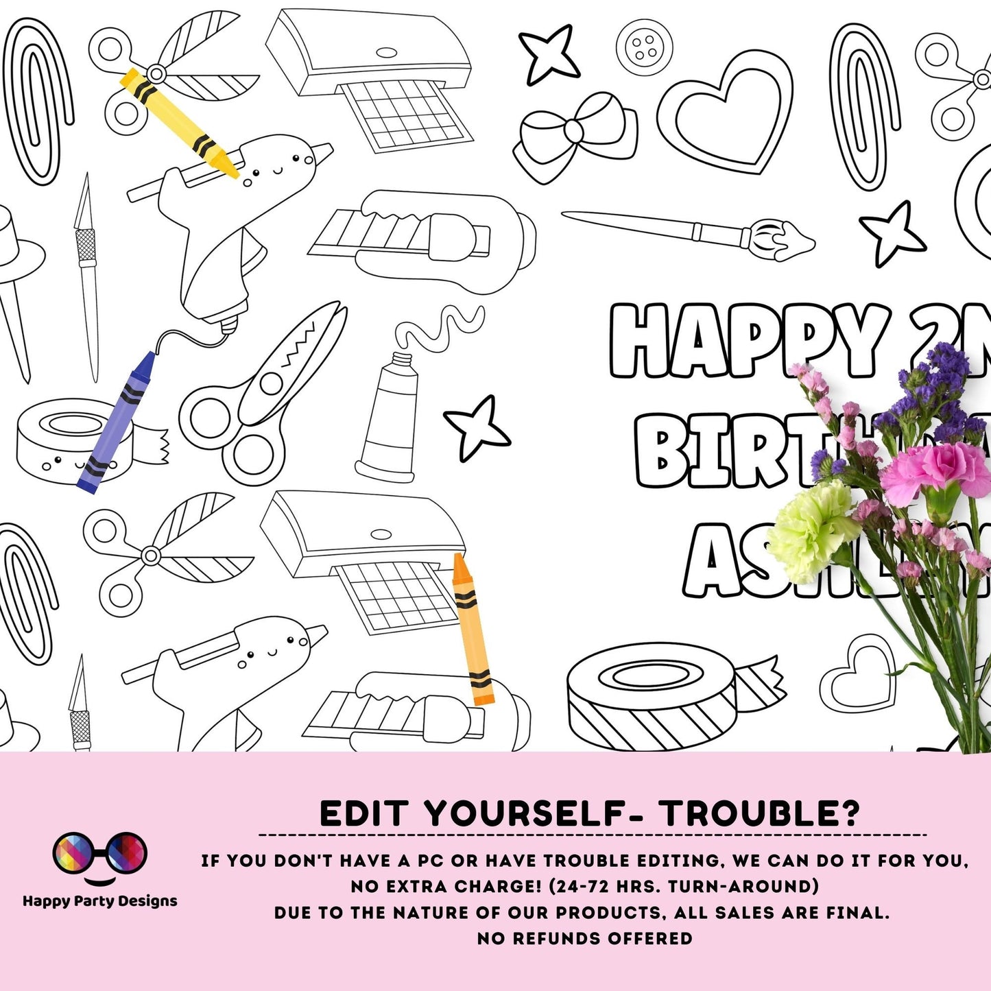 Crafts XL Coloring Table Runner | Editable Crafts Birthday coloring page | Placemat coloring page | Crafts birthday Party Activity  #K162