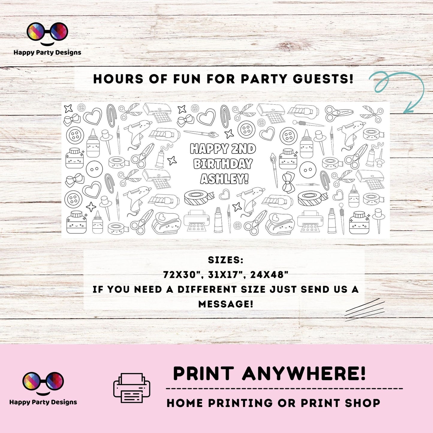 Crafts XL Coloring Table Runner | Editable Crafts Birthday coloring page | Placemat coloring page | Crafts birthday Party Activity  #K162