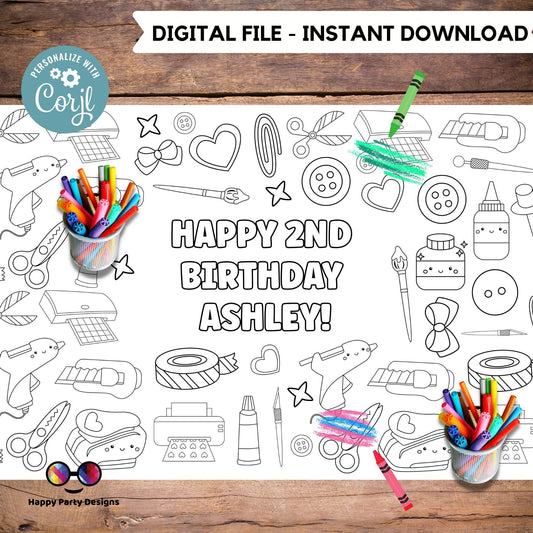 Crafts XL Coloring Table Runner | Editable Crafts Birthday coloring page | Placemat coloring page | Crafts birthday Party Activity  #K162