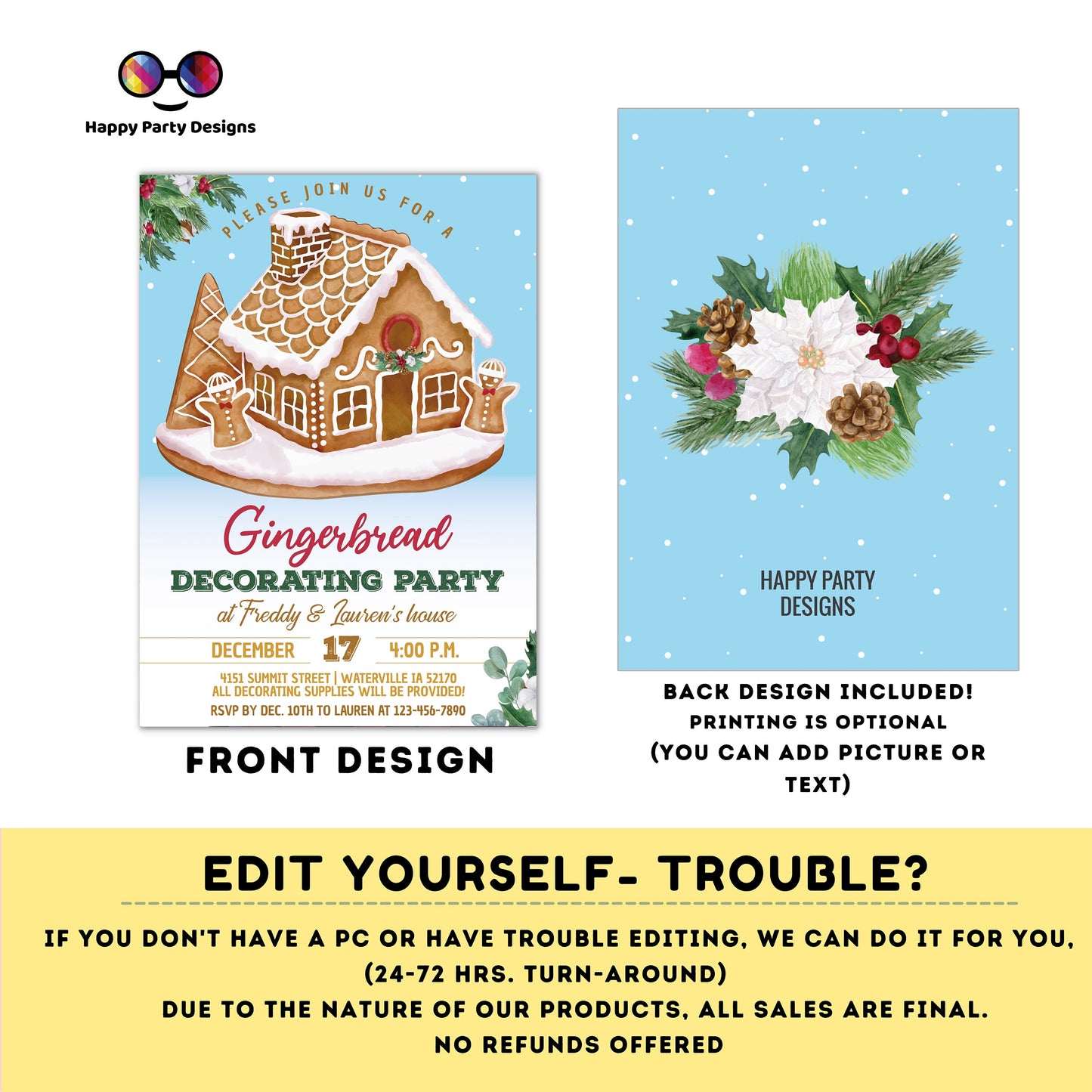 Editable Gingerbread decorating party Invitation | Christmas Party printable invite | Holiday Christmas Party Invitation #A50