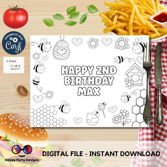 Editable bumble bee coloring page | Placemat coloring page | Any Age | Baby shower | Baby shower activity | party placemat | Bumble bee