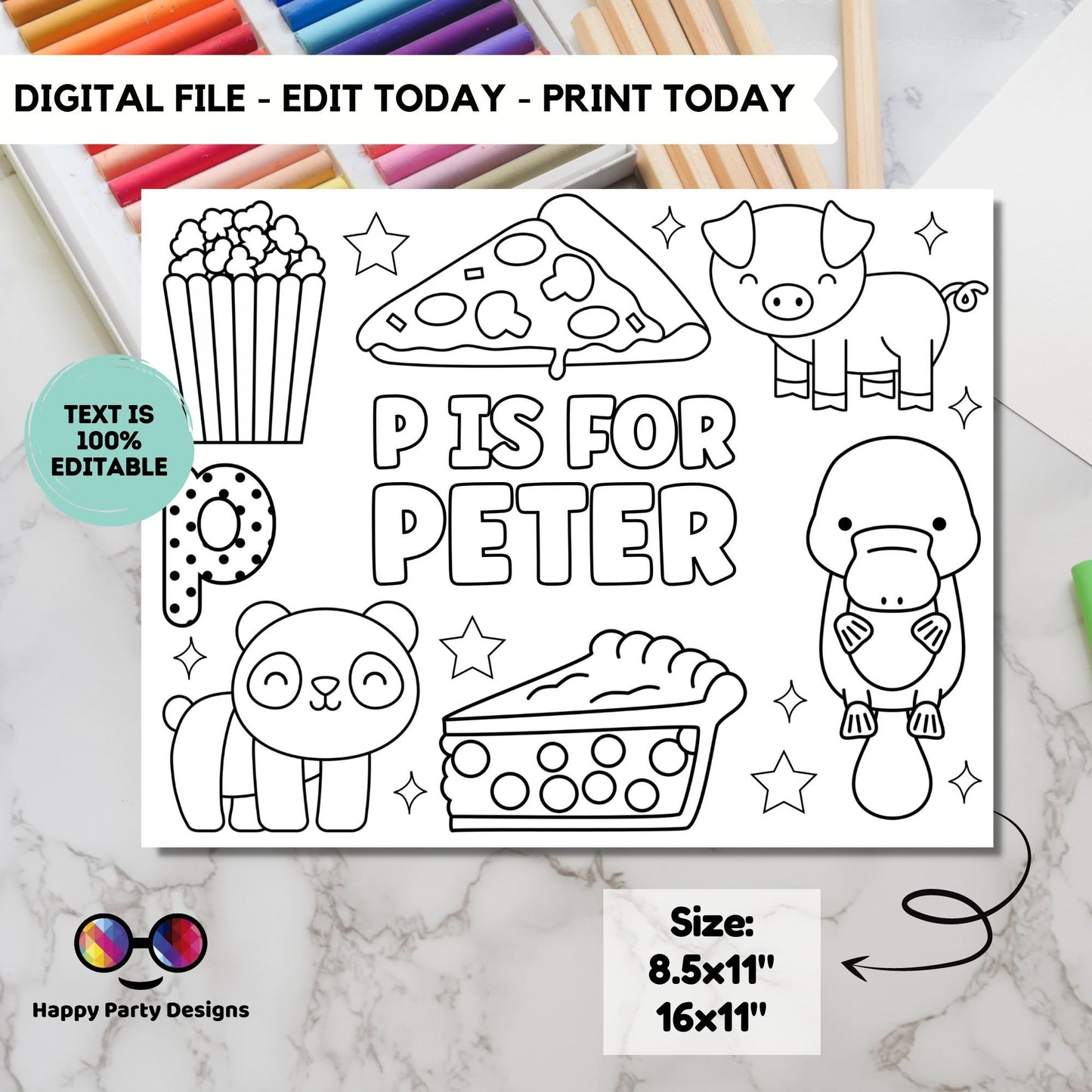Editable name coloring page | P is for | personalized name alphabet placemat | Teacher material | Printable Preschool #SCH3