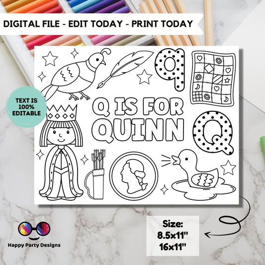 Editable name coloring page | Q is for | personalized name alphabet placemat | Teacher material | Printable Preschool #SCH3