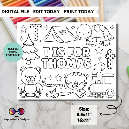 Editable name coloring page | T is for | personalized name alphabet placemat | Teacher material | Printable Preschool #SCH3