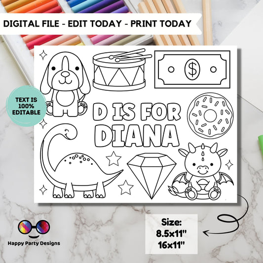 Editable name coloring page | D is for | personalized name alphabet placemat | Teacher material | Printable Preschool #SCH3