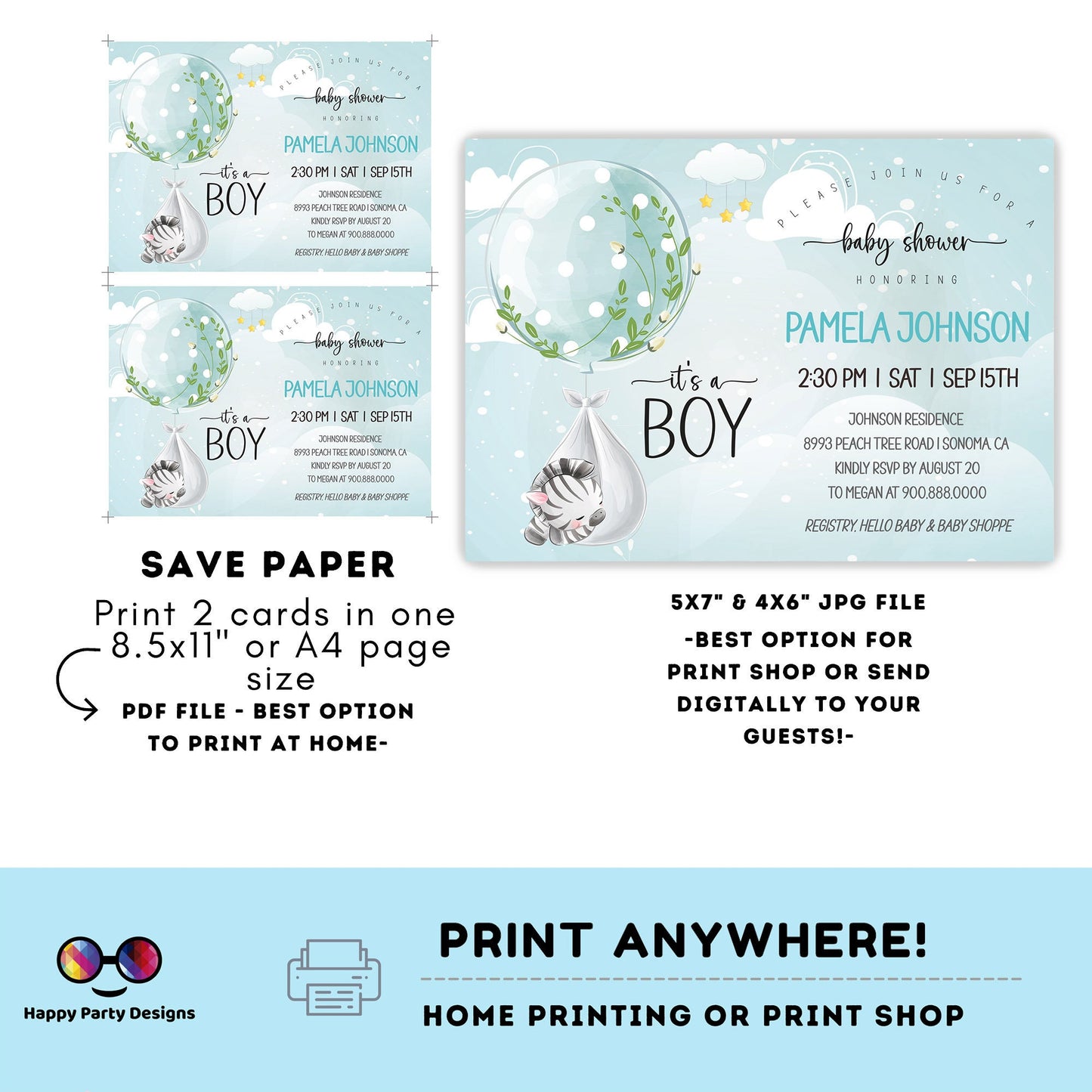 EDITABLE Baby zebra shower invitation | Zebra Invitation | Baby Shower | Instant Download | Baby Boy | Safari baby shower #B23