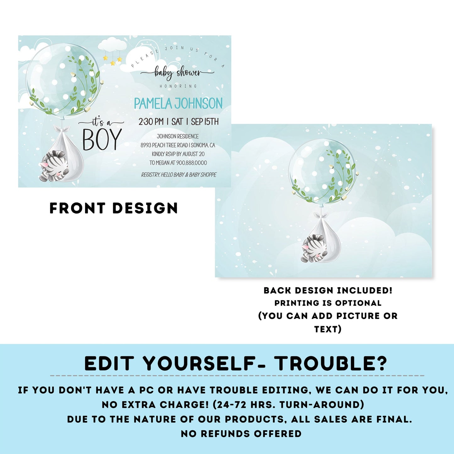 EDITABLE Baby zebra shower invitation | Zebra Invitation | Baby Shower | Instant Download | Baby Boy | Safari baby shower #B23