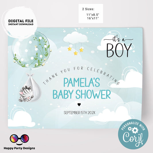 Editable zebra baby shower Placemat | Safari baby shower | Baby boy | Baby shower decor | baby zebra shower decor | boy baby shower #B23