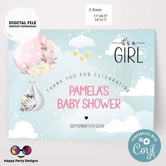 Editable zebra baby shower Placemat | zebra baby shower | Baby girl | Baby shower decor | safari shower decor | girl baby shower #B24