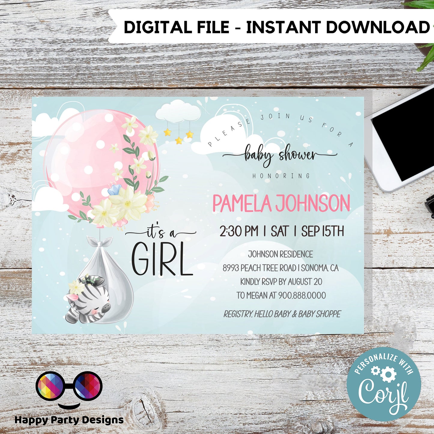 EDITABLE Baby zebra shower invitation | Zebra Invitation | Baby Shower | Instant Download | Baby girl | Safari baby shower #B24