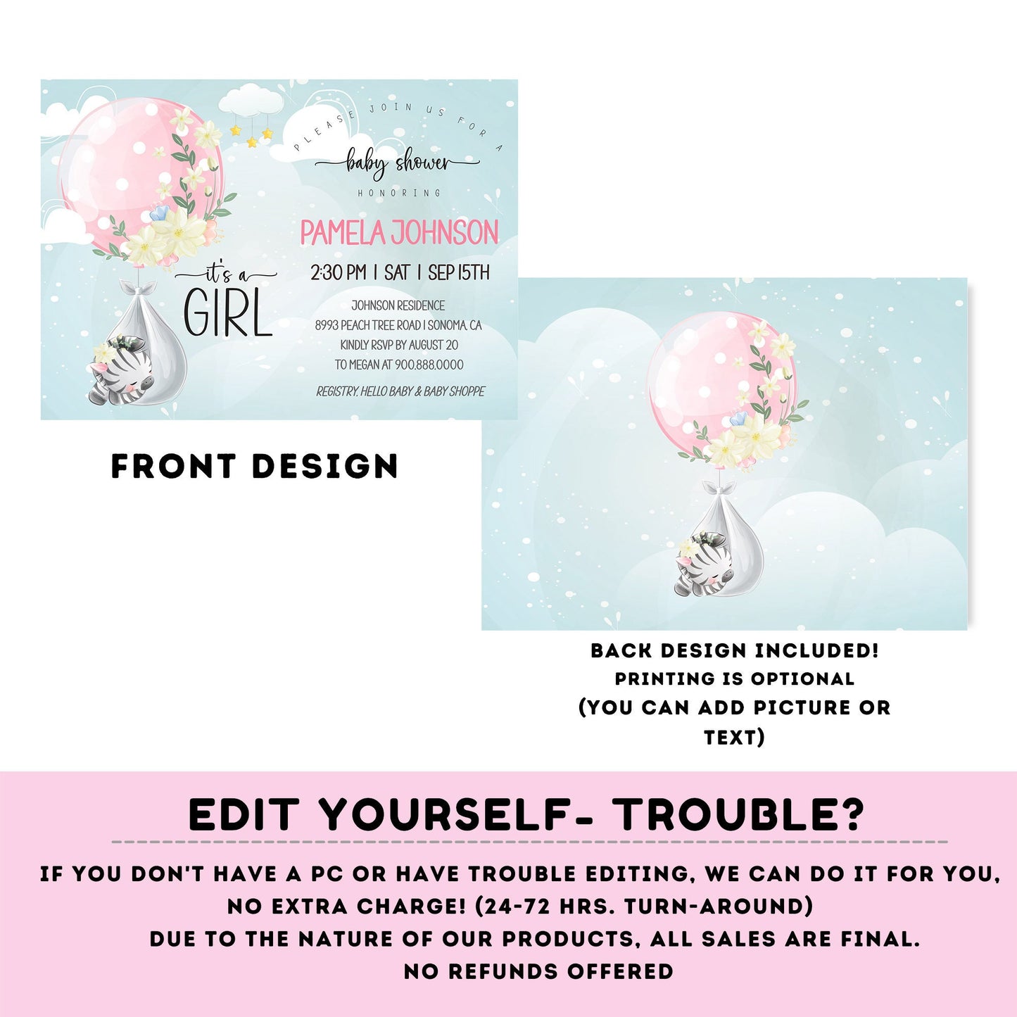 EDITABLE Baby zebra shower invitation | Zebra Invitation | Baby Shower | Instant Download | Baby girl | Safari baby shower #B24