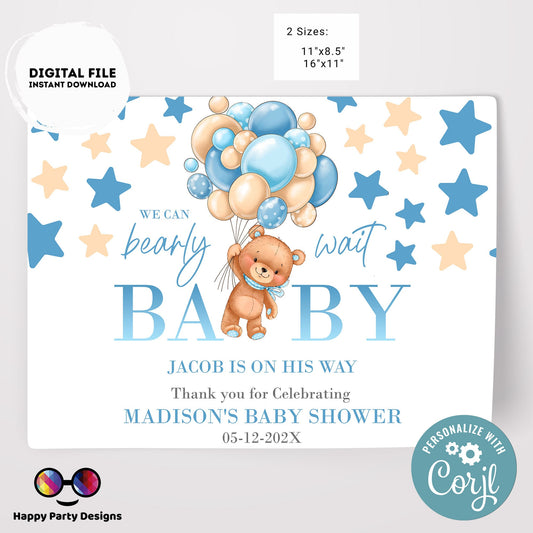 Editable bear and balloons baby shower Placemat | Teddy bear baby shower | Baby boy | baby shower decor | boy baby shower #B22