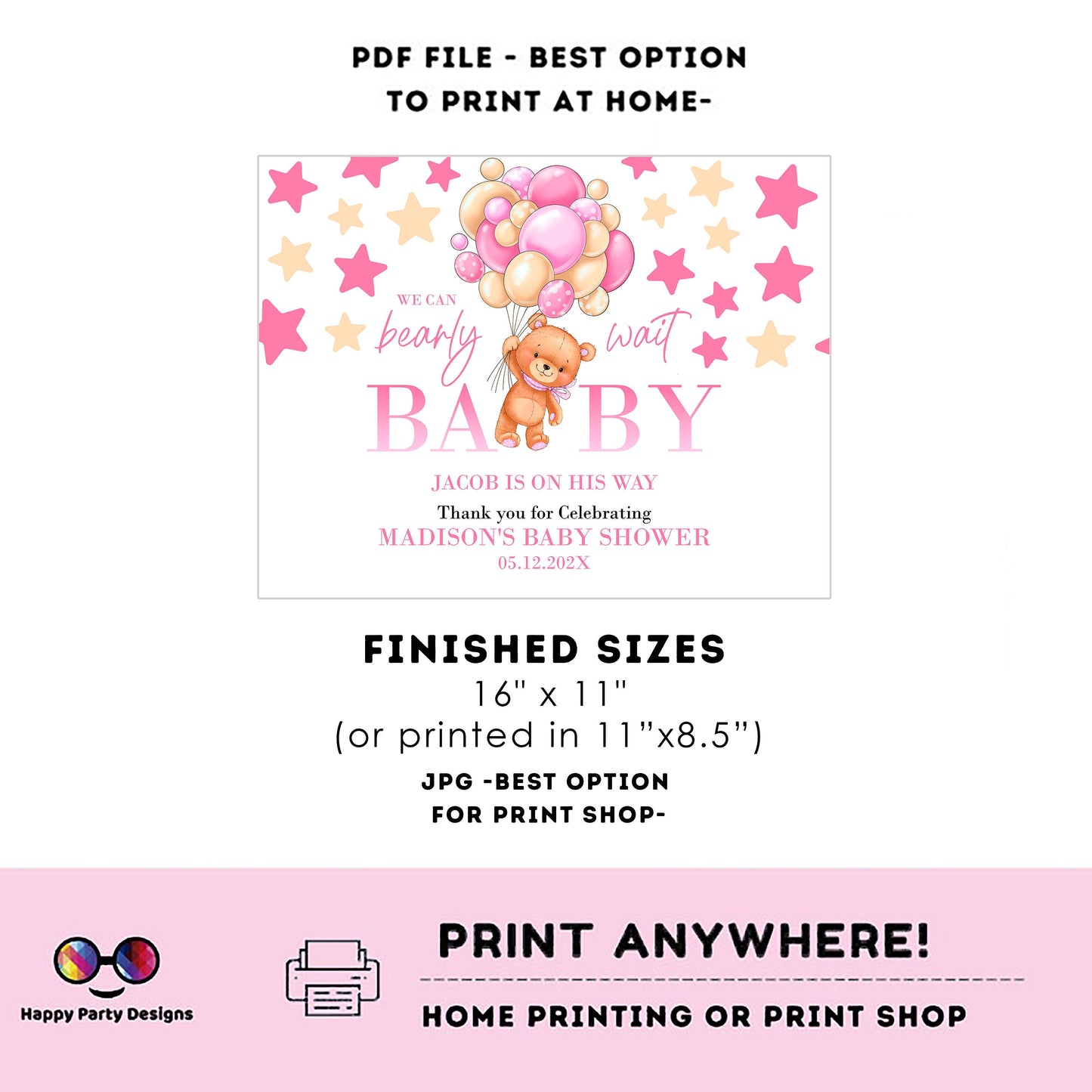 Editable bear and balloons baby shower Placemat | Teddy bear baby shower | Baby girl | baby shower decor | girl baby shower #B21