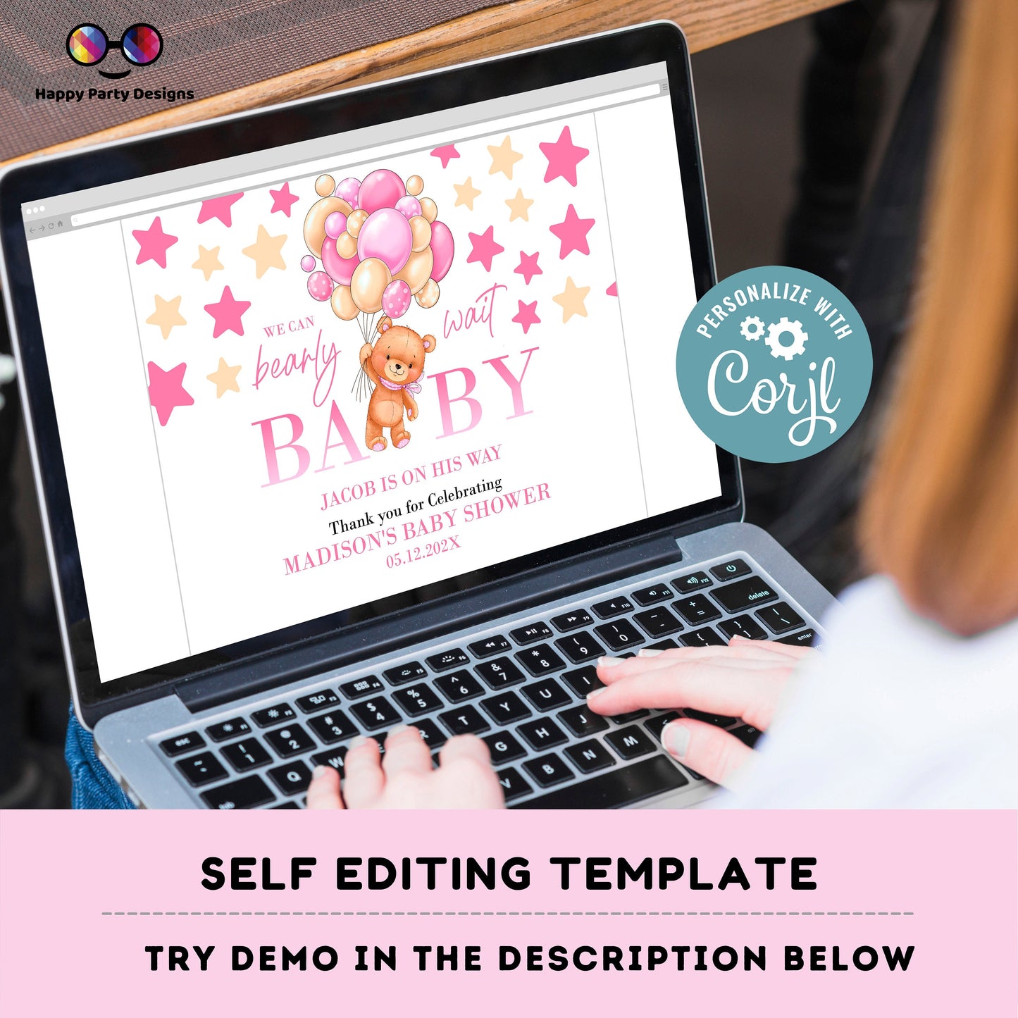 Editable bear and balloons baby shower Placemat | Teddy bear baby shower | Baby girl | baby shower decor | girl baby shower #B21