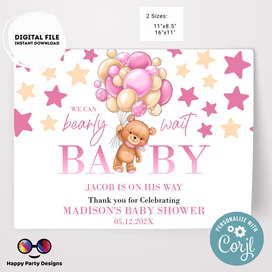 Editable bear and balloons baby shower Placemat | Teddy bear baby shower | Baby girl | baby shower decor | girl baby shower #B21