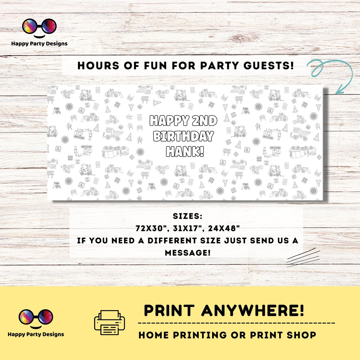 Construction Table Runner| Editable construction coloring page | Any Age | Trucks party | Party under construction table runner
