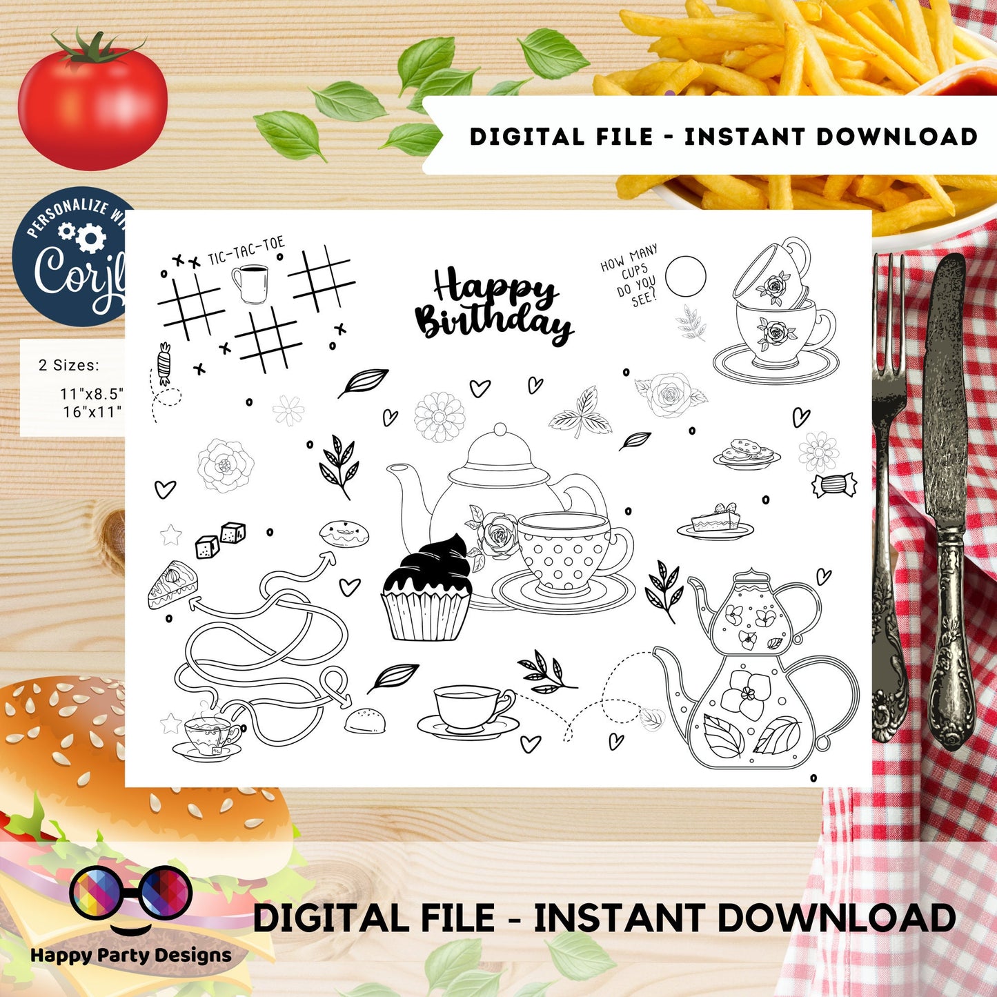 Tea party coloring page Instant Download | Tea party coloring page | Tea party coloring activity page |  Tea time birthday party  #K182