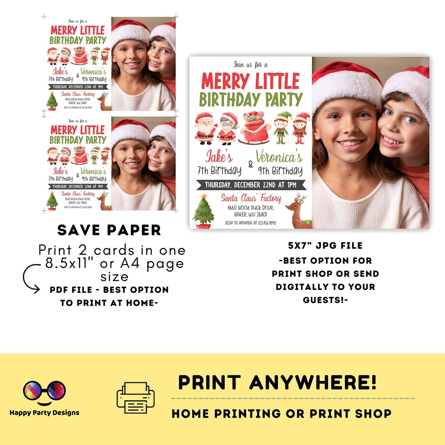 Editable Christmas Birthday Party Invitation | Merry Little Christmas Birthday Invitation | double birthday invitations | siblings | #K263