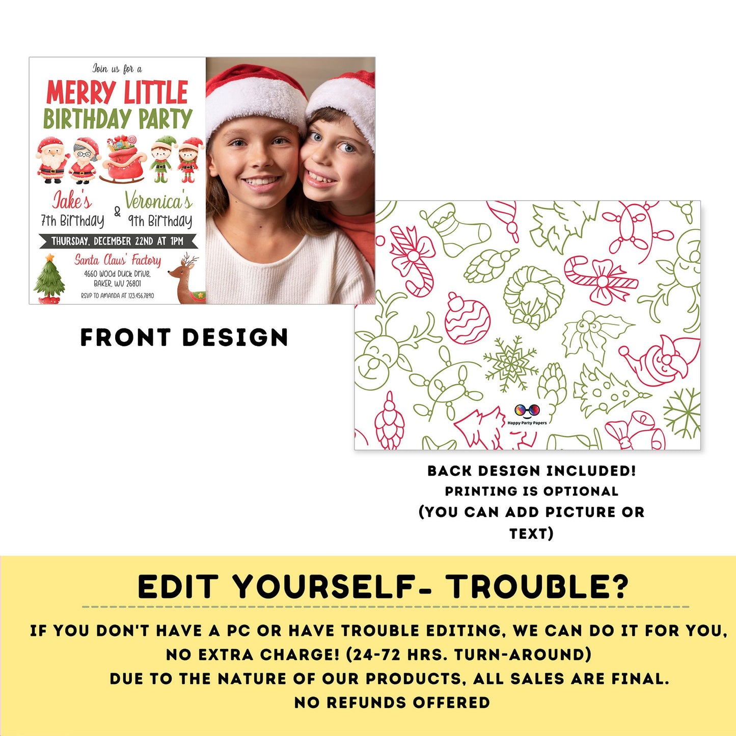 Editable Christmas Birthday Party Invitation | Merry Little Christmas Birthday Invitation | double birthday invitations | siblings | #K263