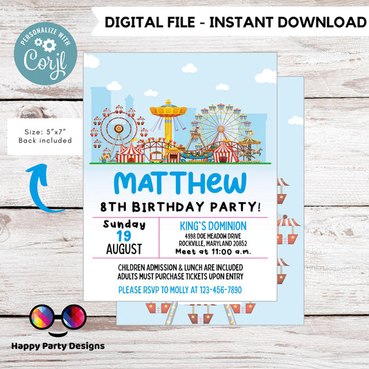 Carnival Birthday Invitation | Amusement Park Invitation | Amusement Park Party | Editable Instant Download | birthday boy Edit Online #K270