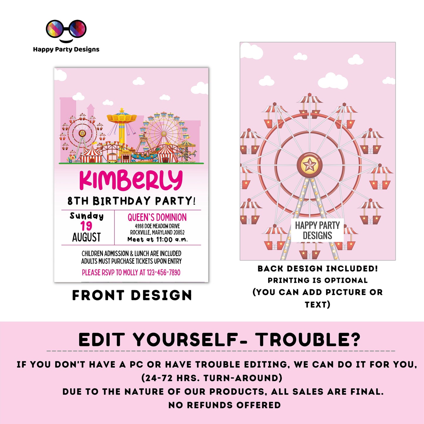 Carnival Birthday Invitation | Amusement Park Invitation | Amusement Park Party | Editable Instant Download |birthday girl Edit Online #K270