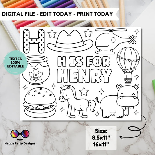 Editable name coloring page | H is for | personalized name alphabet placemat | Teacher material | Printable Preschool #SCH3
