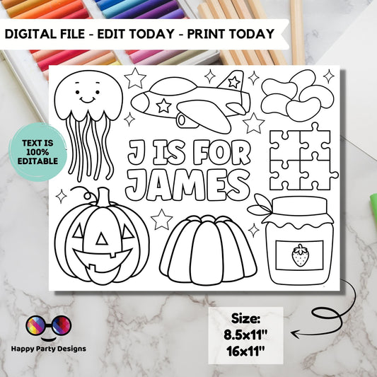 Editable name coloring page | J is for | personalized name alphabet placemat | Teacher material | Printable Preschool #SCH3