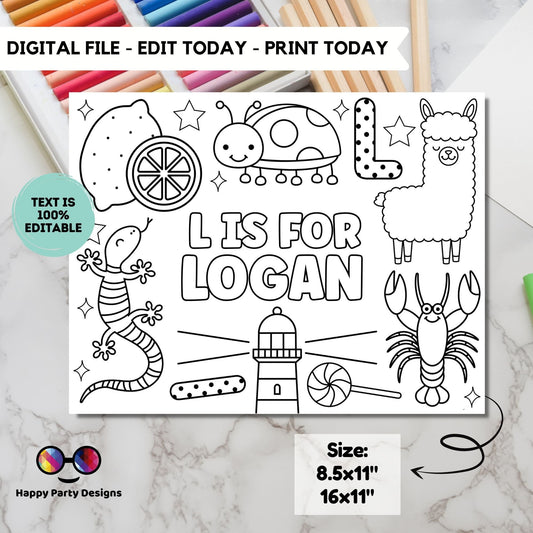 Editable name coloring page | L is for | personalized name alphabet placemat | Teacher material | Printable Preschool #SCH3