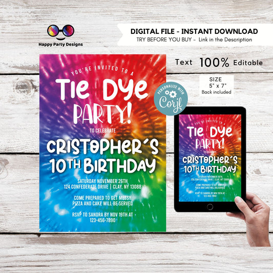 Editable Tie Dye Invitation Instant Download | colorful Tie Dye Birthday Invite | Editable Tie Dye Party Invite | Printable Tie-Dye #K228