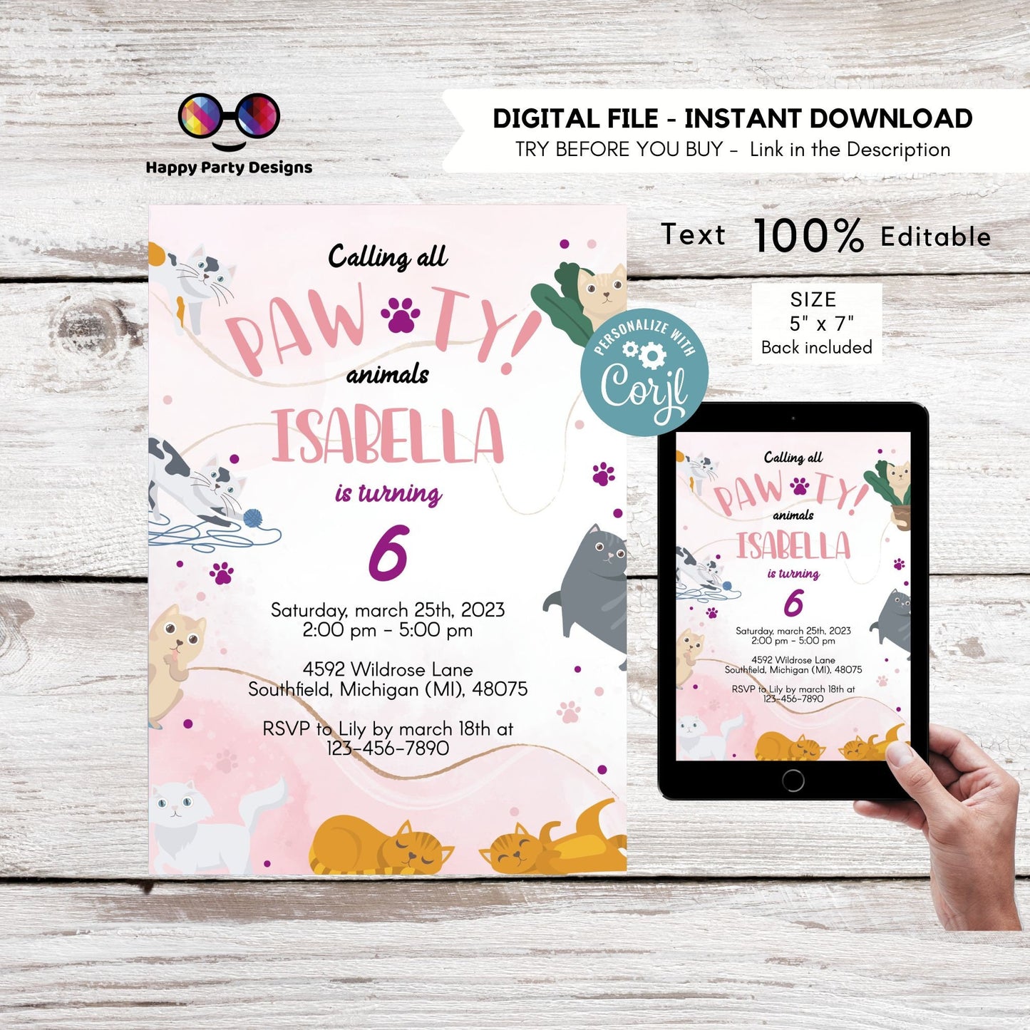 It's a Pawty Birthday | cats Invitation | Cat Birthday invitation | Pawty Birthday Invitation | digital invitation  Personalize Online #K272