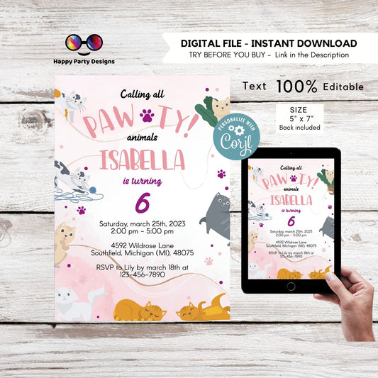 It's a Pawty Birthday | cats Invitation | Cat Birthday invitation | Pawty Birthday Invitation | digital invitation  Personalize Online #K272