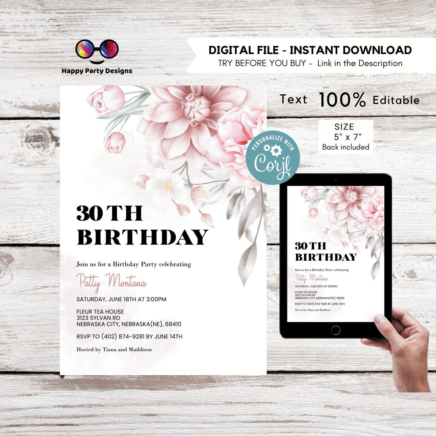 Editable blush pink Floral Invite Printable | 30th Birthday Invitation | Surprise Birthday | any age | 30th Birthday #A54