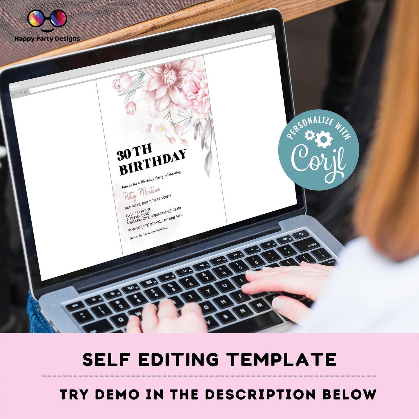 Editable blush pink Floral Invite Printable | 30th Birthday Invitation | Surprise Birthday | any age | 30th Birthday #A54