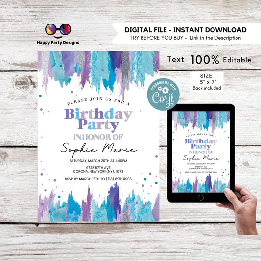 Editable Teal and purple Invitation Instant Download |  teen Birthday Invitation | Editable confetti Party Invite | Printable  #K273