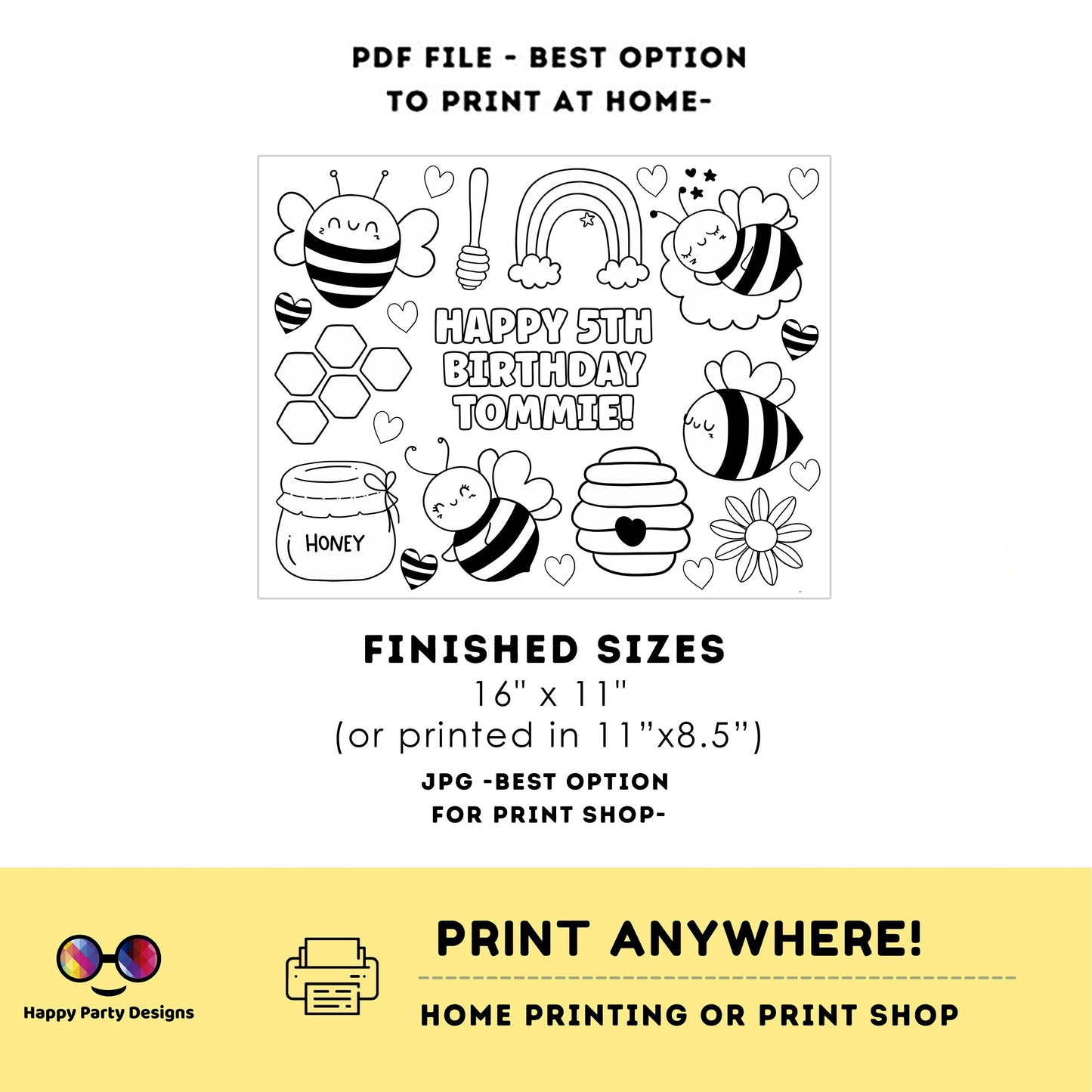 Editable bumble bee coloring page | Placemat coloring page | Any Age | Baby shower | Birthday activity | party placemat | Bumble bee