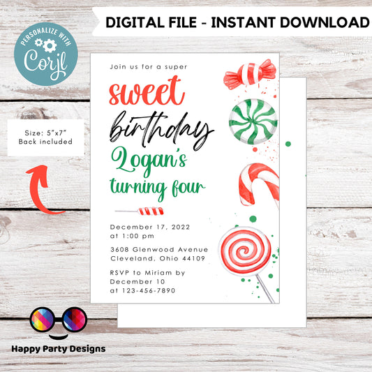 Sweet Christmas Birthday party Invitation | Christmas Birthday printable invite | Holiday Birthday Party Invitation #K266
